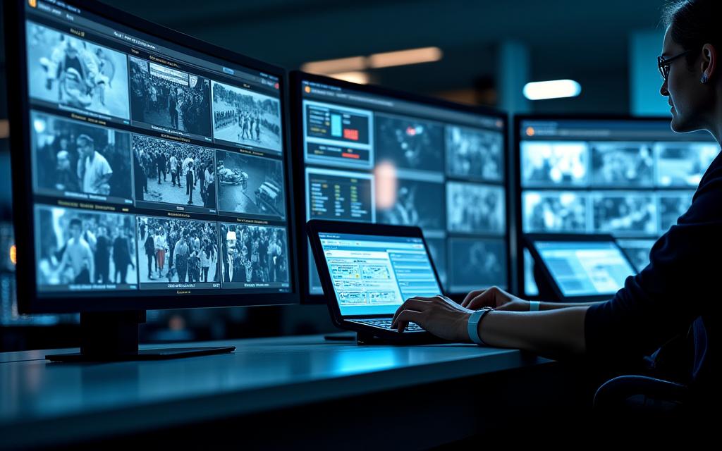 A control room managing event logistics with screens showing security and ticketing info